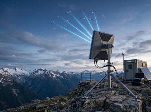 Phased-array satellite internet receiver antenna on a remote mountain station transmitting blue signal beams to LEO satellites in starry night sky.