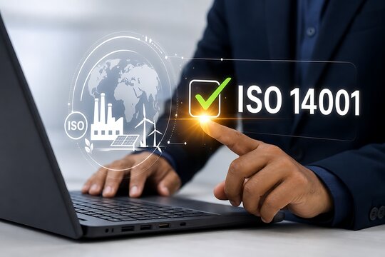Businessman typing on laptop with iso 14001 certification concept on screen