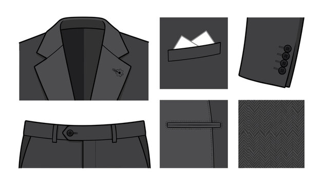 Classic Charcoal Suit Tailoring Details Vector Set Featuring Notch Lapel Pocket Square Sleeve Buttons Trousers Waistband Welt Pocket and Herringbone Fabric Swatch