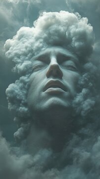 A serene, godlike face emerges from swirling storm clouds in a surreal background.