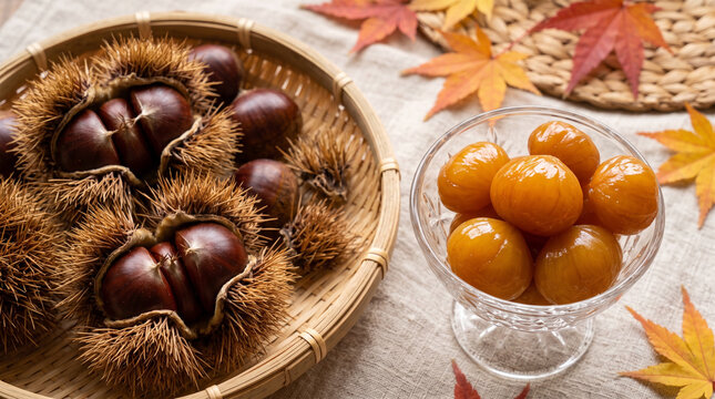 Chestnuts in spiky burrs and candied chestnuts in glass bowl