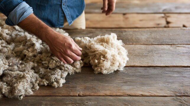 Man sorting raw wool fibers on table