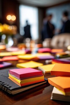 Colorful sticky notes arranged on a notebook on a wooden meeting table. Business planning and brainstorming process in an office during a corporate collaboration workshop.