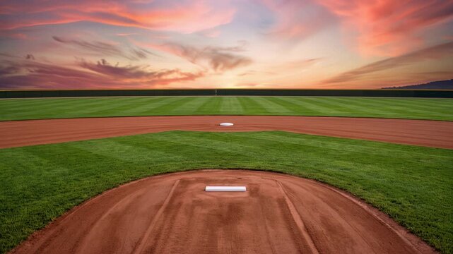Beautifully maintained softball field on sunset scenery, featuring clean bases, smooth pitching mound, and lush infield grass, 4K video