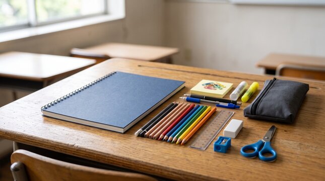 School supplies neatly arranged on wooden desk in classroom.