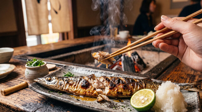 Chopsticks taking grilled Pacific saury fish at irori hearth