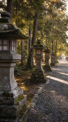 Fototapeta premium Traditional stone lanterns on shrine approach for hatsumode New Year