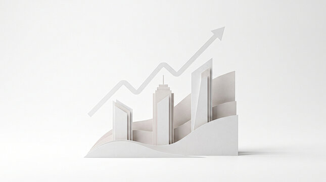 3D Paper Art of Business Growth with City Buildings and Upward Arrow Chart