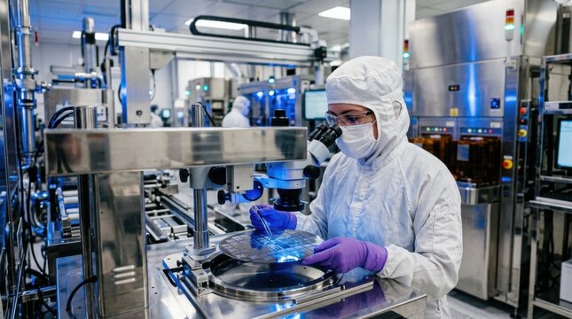 Cleanroom engineer inspecting silicon wafer beside robotic handler in semiconductor fabrication bay for ai chip production