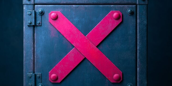 Red metal cross on blue industrial door