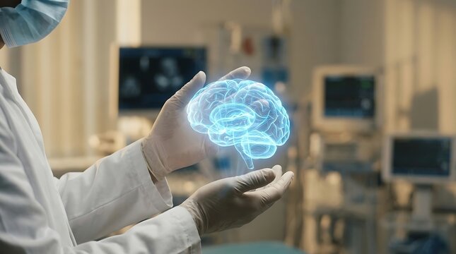 Doctor examining glowing digital brain hologram in medical lab