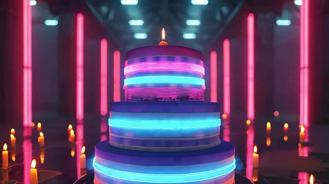 Vibrant neon layered cake glowing among candles in a dark hall, festive celebration concept, colorful party dessert, dramatic birthday display.