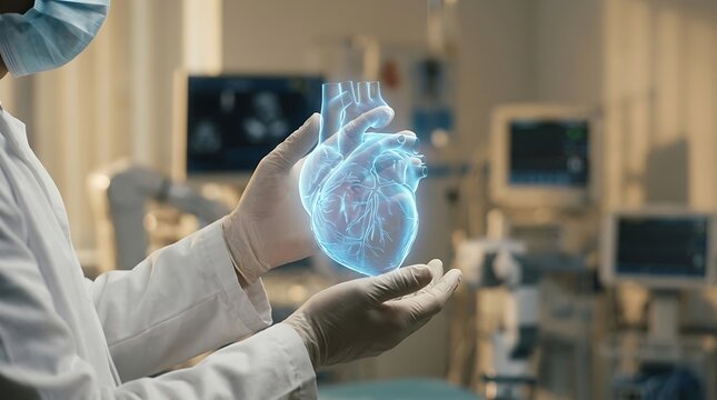 Doctor Examining Futuristic 3D Holographic Heart in Medical Lab