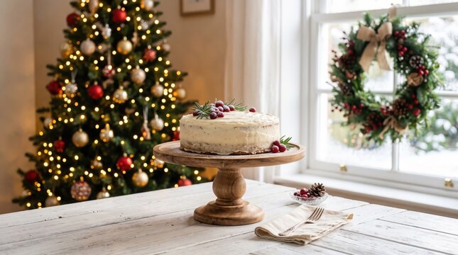 Delicious festive Christmas cake with berries on wooden stand in a cozy winter home with decorated tree and wreath scene