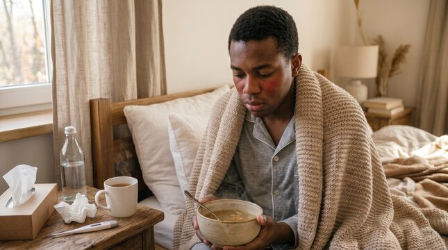 Sick young man sitting in bed wrapped in warm blanket while eating healthy hot soup