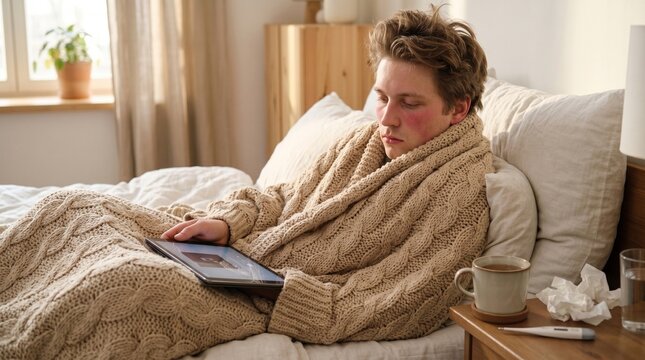 Sick young man lying in bed wrapped in a warm beige knitted blanket using digital tablet