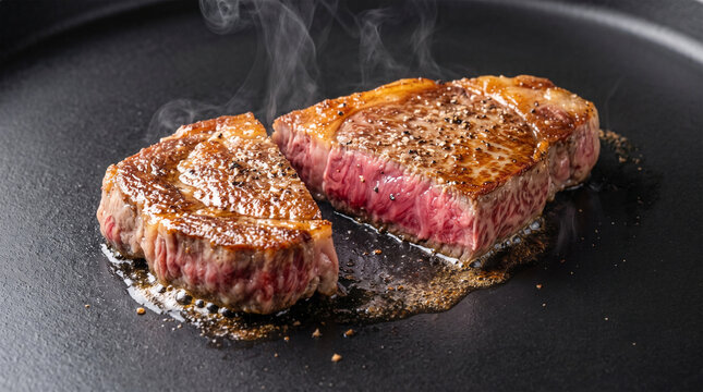 Thick juicy beef steak sizzling on hot iron skillet grill