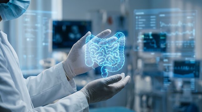 Doctor Holding Holographic Human Digestive System for Medical Diagnosis