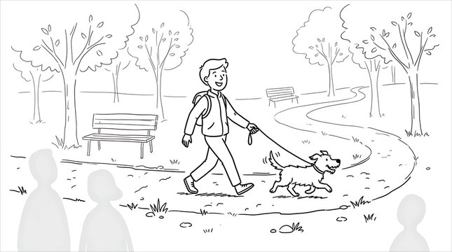 Simple black and white line drawing of a happy young boy walking his pet dog on a leash along a winding path in a leafy public park.