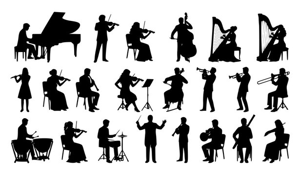 Classical Symphony Orchestra Musicians Silhouette Bundle Featuring Conductor Pianist Violinists Harpists and Instrument Players for Live Concert and Theater Event Designs