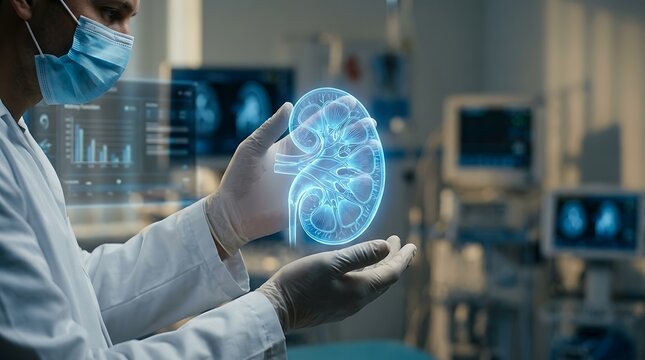 Doctor examining holographic kidney hologram for medical diagnosis