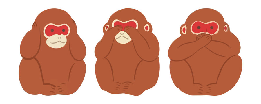 A vector illustration of the three wise monkeys depicting hear no evil, see no evil, and speak no evil.