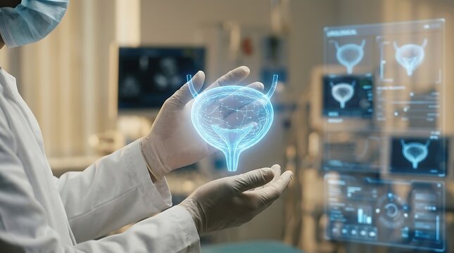 Futuristic Doctor Examining Bladder Hologram in Medical Clinic