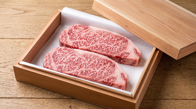 Premium Wagyu beef sirloin steaks in traditional wooden gift box