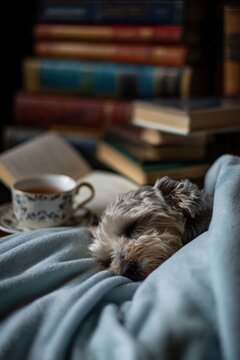 Small dog sleeping wrapped in soft blanket near open book and tea cup. Cozy home atmosphere with library books. Relaxing afternoon rest in comfortable environment for leisure time.
