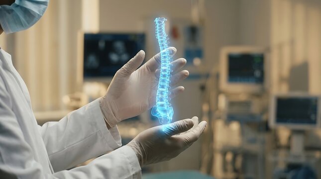 Doctor Holding 3D Holographic Human Spine Model for Diagnosis