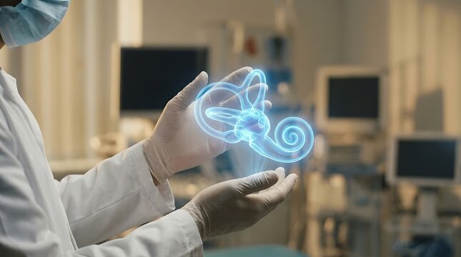 Doctor Holding Glowing Inner Ear Hologram for Medical Diagnosis