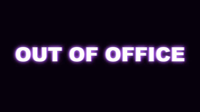 Glowing Purple Neon Out Of Office Text with Digital Glitch Effect on Black Background for Business Vacation