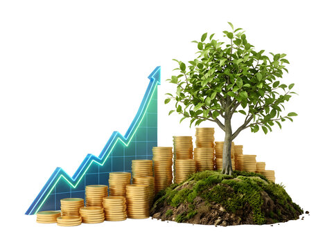 Financial growth concept with a tree growing from coins and an upward trending graph PNG Isolated on transparent background