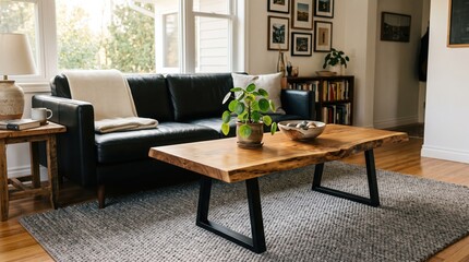 Fototapeta premium Modern Living Room Interior with Black Leather Sofa and Live Edge Wood Coffee Table for Home Decor and Real Estate Ad.
