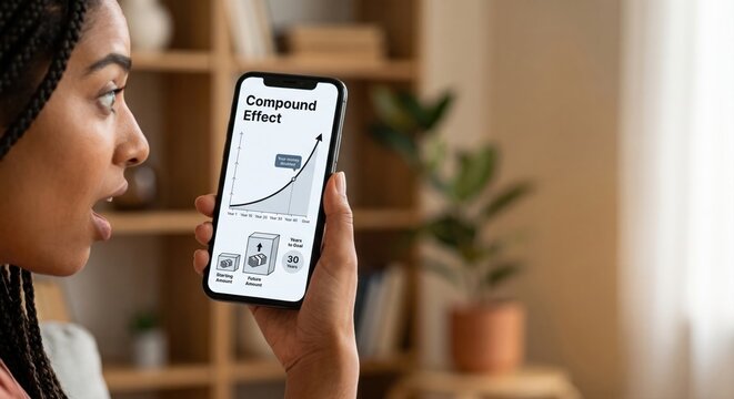 Surprised Black woman holding smartphone displaying compound effect growth chart financial calculator app at home