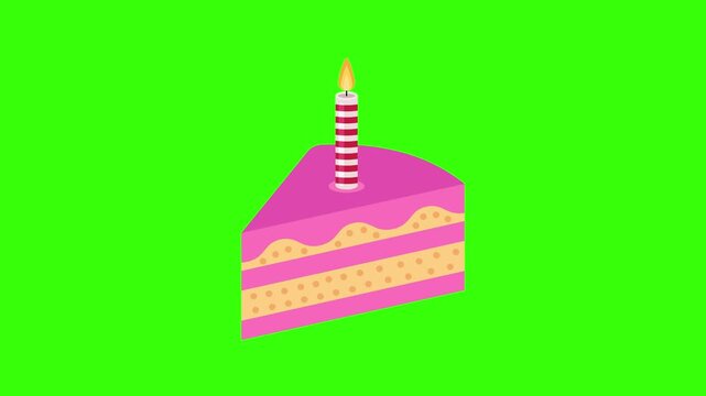 Birthday Cake Slice with Burning Candle Flame Green Screen Loop Animation