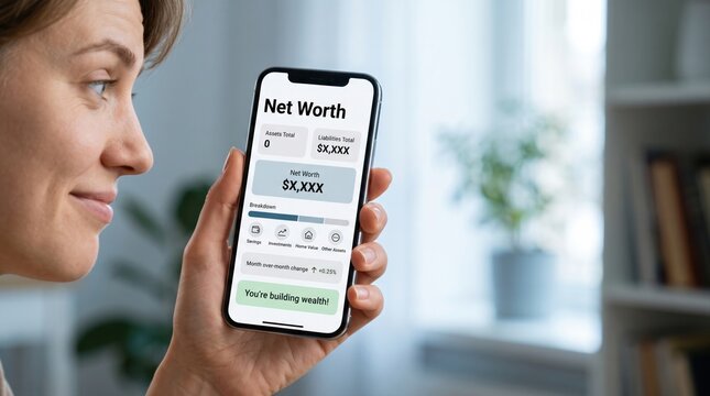 Woman holding smartphone displaying net worth tracking app screen with total assets and liabilities breakdown