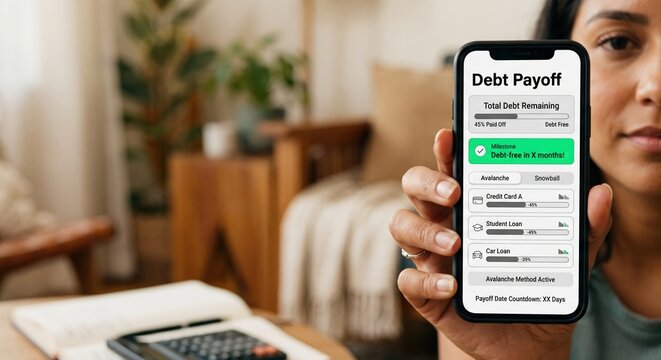 Woman holding smartphone displaying debt payoff tracker app interface with avalanche method progress screen