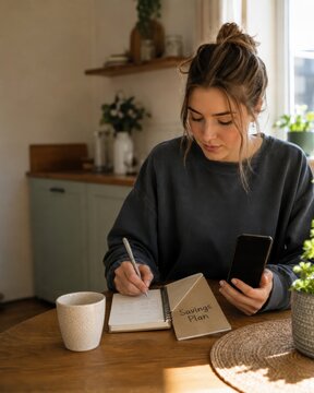 Young woman writing financial savings plan in notebook while holding smartphone at home kitchen table