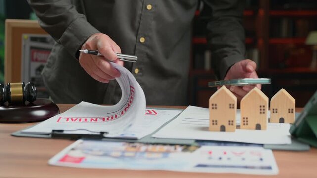 Man reads contract near toy house models gavel desk reviewing property agreement holding phone negotiating deal workspace corporate agent signing papers evaluation strategy planning legal real estate.