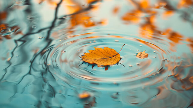 A yellow leaf floating on the surface of the water in the fall