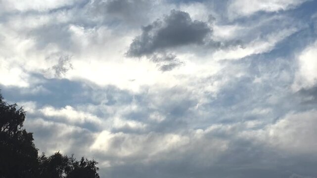 Clouds move across the sky in the early evening over a park in a city