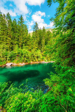 Lake of Fusine or Lago Superiore di Fusine in the Mountain Range of Mount Mangart in Julian Alps near Tarvisio in Italy near Slovenia