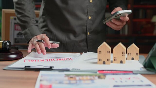 Agent inspects foreclosure documents holding pen wooden house models office desk gavel smartphone evaluating mortgage purchase investment financial contract signature paperwork broker negotiation.