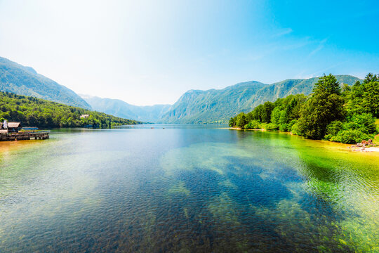 Bohinj lake in Julian Alps. Bohinj Lake, Church of St John the Baptist in Triglav National Park, Julian Alps, Slovenia