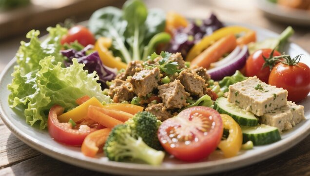 A plate with mixed lettuce, peppers, broccoli, tomatoes and fresh herbs, AI generated