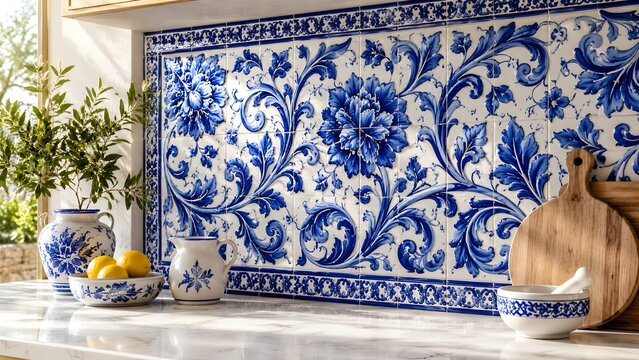 Blue and white floral tile backsplash with kitchen accents