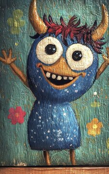 An artistic representation of a cartoon-like monster character with horns, big eyes, and a playful smile. The monster is set on a textured background with painted flowers, creating a whimsical scene, AI generated