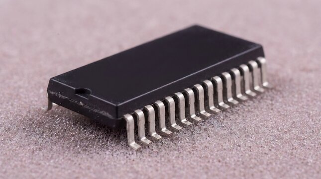 Close-up view of a black integrated circuit chip with silver metal pins resting on a grey textured foam protective surface for electronics storage