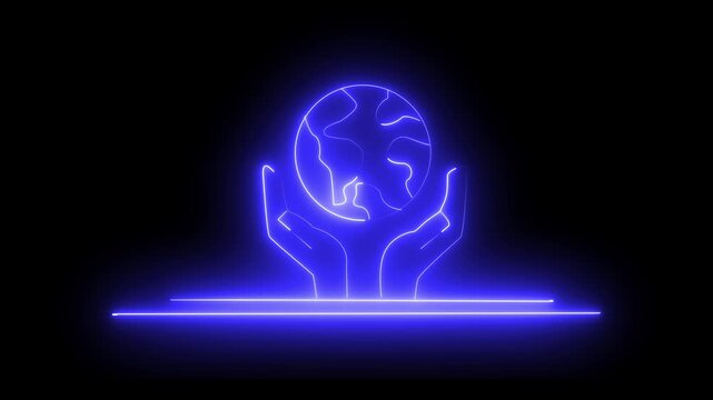 Glowing neon line Human hands holding Earth globe icon isolated animation .World humanitarian day. Animated vector illustration of hand and moving globe 4K video animation.